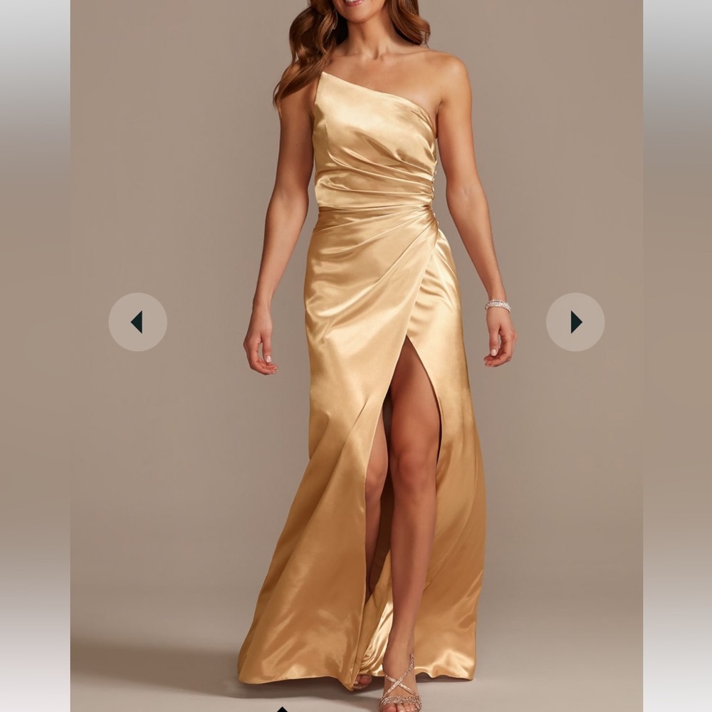 David's Bridal One-Shoulder Satin Gown in Gold